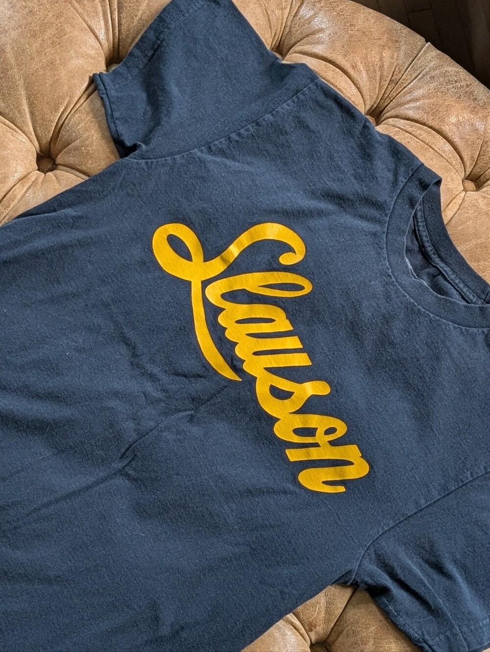 The Marathon Clothing Navy Blue T‑Shirt with Yellow Lawson Script